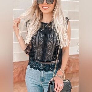 Black Lace Sleeveless Boho Top Sheer Crochet Festival Medium